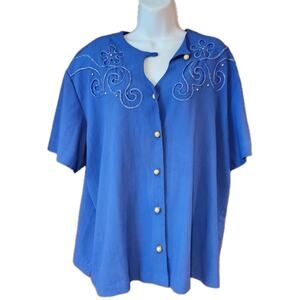 Vintage 80s SGS Studio Blue Butto Up‎ Blouse With Gold Buttons Sewed Design Sz L